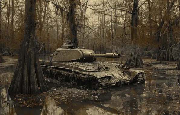 Water, Trees, Tank, WWII, The great Patriotic war, The Second World War, Digital art, AI …