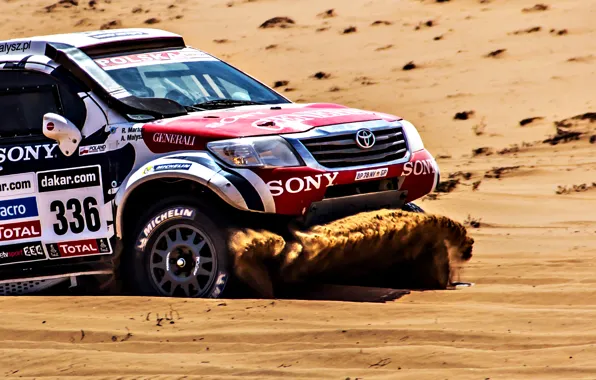 Sand, Auto, Machine, The hood, Lights, Toyota, Rally, Dakar
