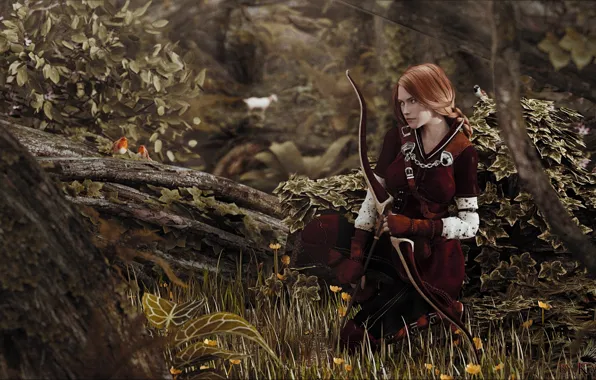 Picture forest, girl, figure, goat, bow, Archer, fantasy, art