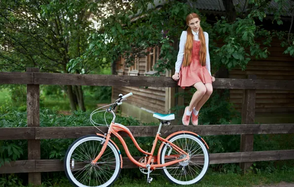 Bicycle, dress, trees, nature, model, women, redhead, cottage