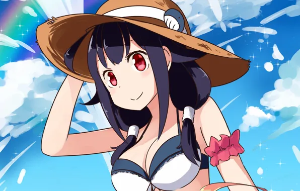 Rainbow, girl, sexy, cleavage, sky, long hair, hat, boobs