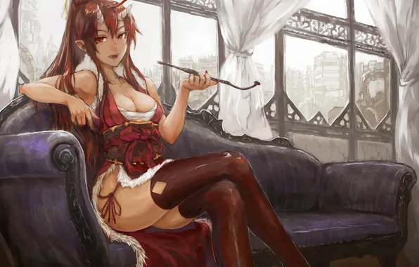 Girl, the city, sofa, tube, stockings, the demon, window, art