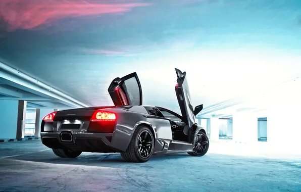 Grey, lamborghini, rear view, grey, murcielago, lp640, headlights, Lamborghini