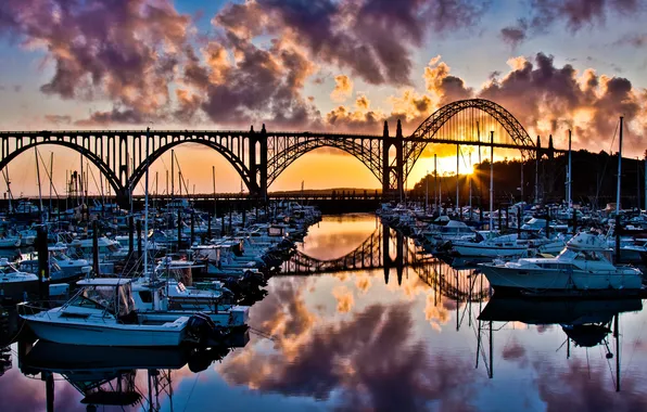 Picture the sun, clouds, bridge, reflection, boats