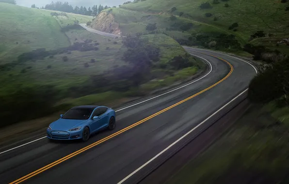 Picture Car, Blue, Speed, Front, Tesla, Road, P85D
