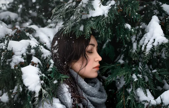 Picture girl, snow, branches, face, green, sweetheart, model, portrait