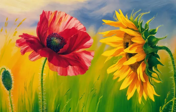 Field, summer, the sky, flowers, yellow, red, Mac, sunflower