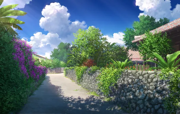 Sky, trees, flowers, clouds, scenery, digital art, sunlight, plants