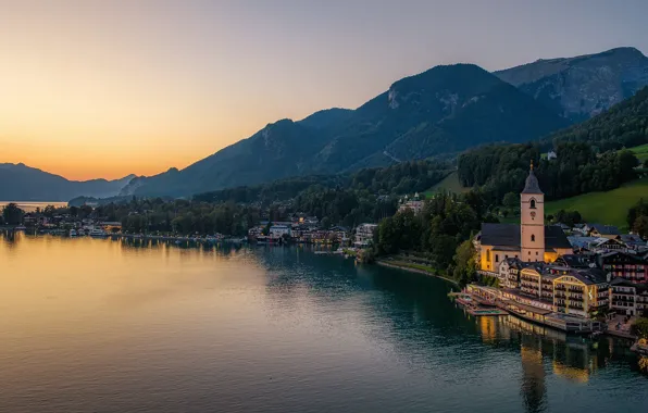 Sunset, mountains, lake, building, home, Austria, Church, Austria