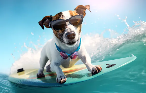 Sea, wave, water, dog, surfing, face, surfer, sunglasses