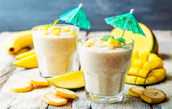 Table, umbrellas, bananas, glasses, fruit, yellow, cocktails, slices