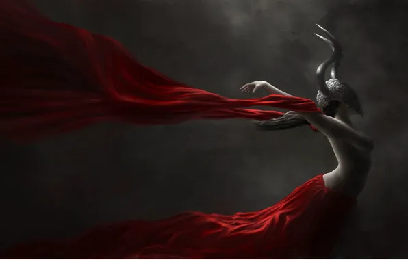 Chest, girl, mask, art, fabric, horns, black and white, red