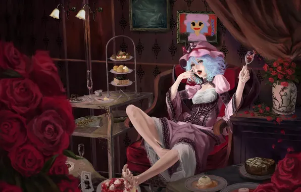 Girl, room, wine, glass, chair, art, cake, touhou