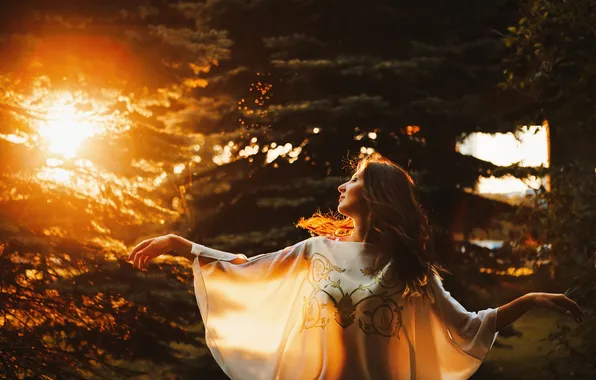 Girl, light, trees, pose