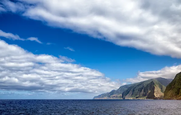 Wave, the sky, clouds, the ocean, shore, Portugal, Madeira Island