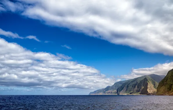 Picture wave, the sky, clouds, the ocean, shore, Portugal, Madeira island