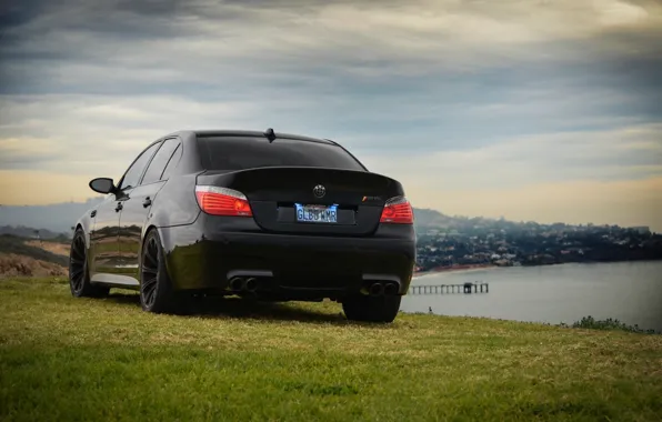 Picture the sky, grass, light, clouds, black, bmw, BMW, black