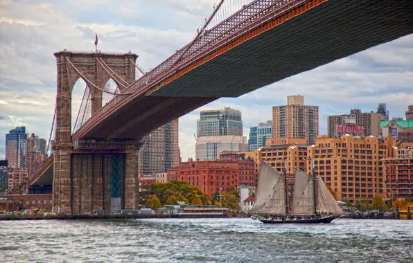 Picture bridge, Strait, building, sailboat, New York, Brooklyn bridge, Manhattan, Manhattan