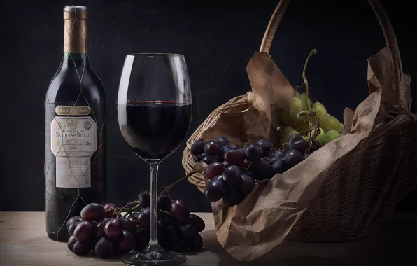 Wine, glass, bottle, grapes, basket