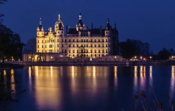 The sky, night, lights, lake, reflection, castle, Germany, lighting