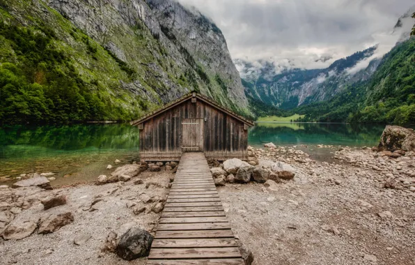 Mountains, lake, shore, house