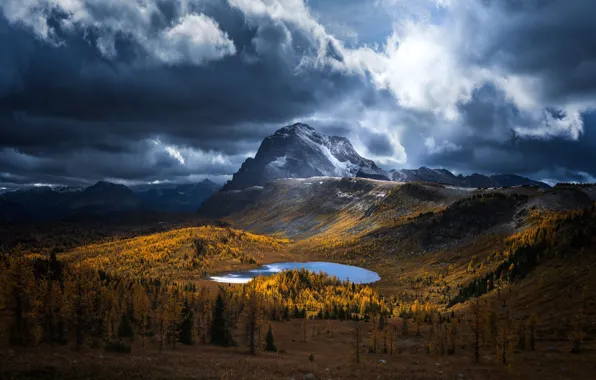 Picture autumn, forest, the sky, clouds, light, mountains, lake, tops