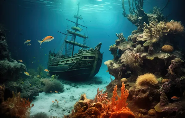 Sea, fish, the ocean, ship, corals, fantasy, old, underwater world