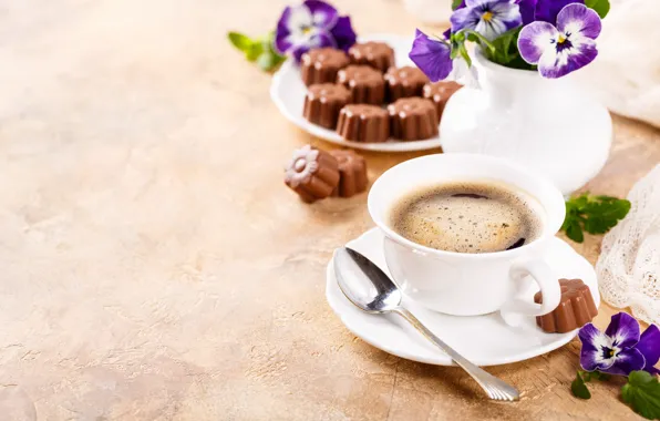 Flowers, coffee, candy, vase, chocolate, Iryna Melnyk
