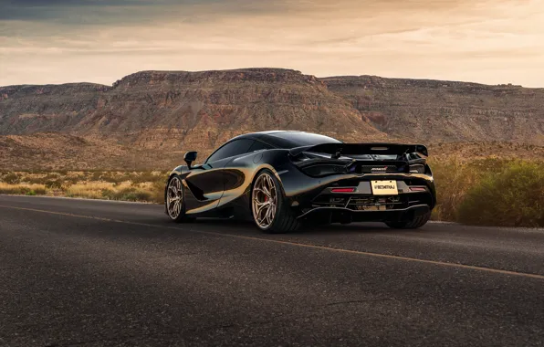 Picture road, mountains, black, sports car, rear view, McLaren 720S