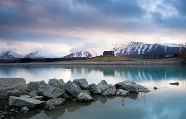 Mountains, lake, stones, house