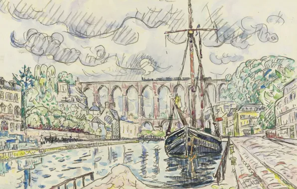 The city, figure, ship, port, watercolor, Paul Signac, Morlaix