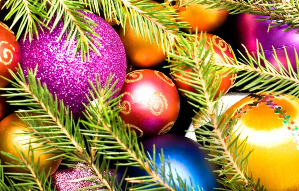Balls, tree, new year, Christmas