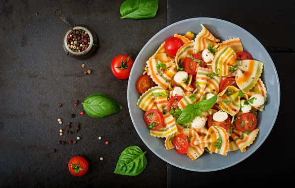 Background, pepper, salad, pasta, pasta, Basil, tomatoes