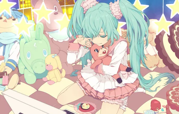 Toys, tears, sweets, laptop, vocaloid, sitting, Hatsune Miku, stars