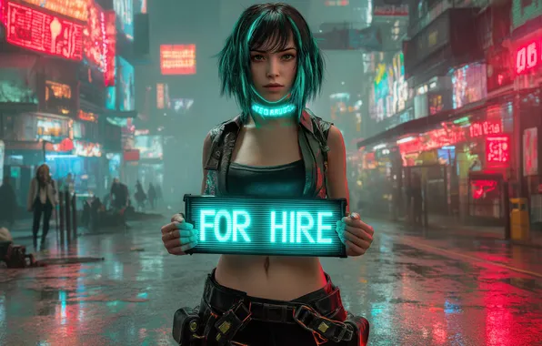 Girl, city, the city, rain, street, neon, puddles, cyberpunk