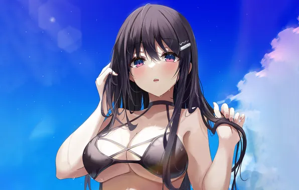 Girl, sexy, wet, cleavage, long hair, boobs, anime, beautiful