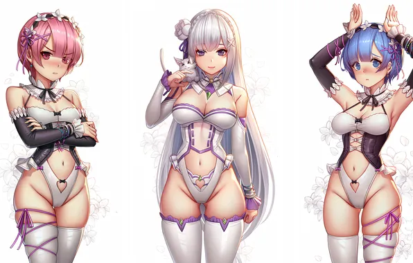 Sexy, cleavage, thighhighs, pink hair, long hair, girls, boobs, anime