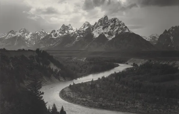 Picture landscape, nature, black and white, landscape, 1942, Ansel Adams, Black and white, mountains and Snake …