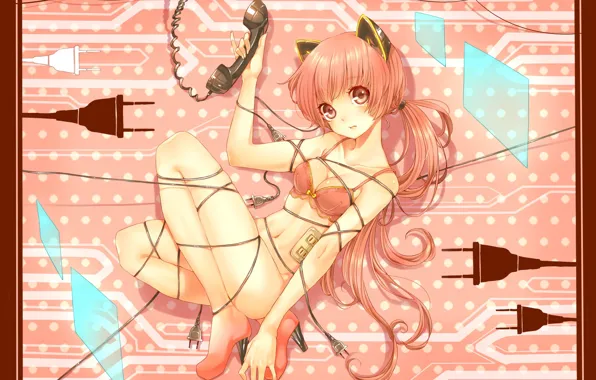 Fragments, red, underwear, ears, long hair, handset, art, fork