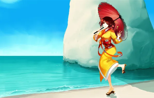 Sea, girl, red, umbrella, shore, art, kimono, bright