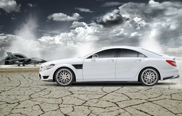 Picture white, desert, Mercedes-Benz, CLS, fighter, hangar, white, Brabus