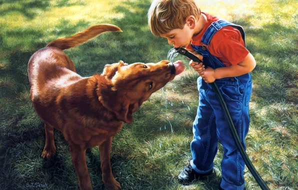 Dog, boy, art, hose, S Thomas Sierak