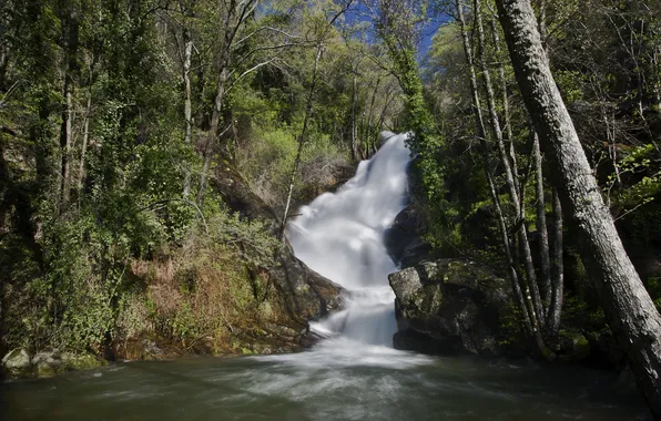 Trees, stones, waterfall, Spain, Bank, Valle del jerte