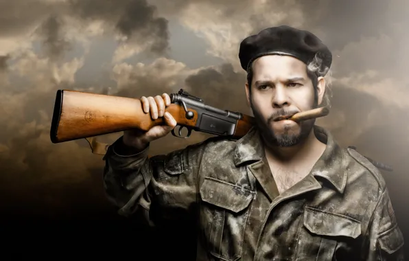 People, cigar, rifle
