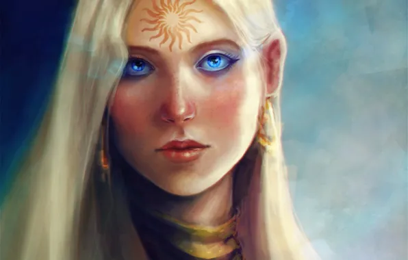 Picture girl, the sun, face, pattern, art, tattoo, Dragon Age