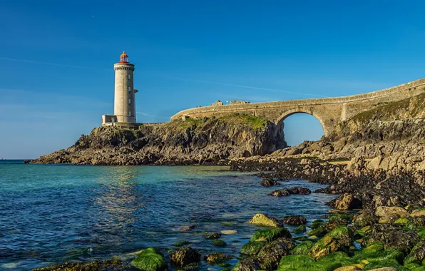 Sea, the sky, bridge, stones, rocks, coast, France, lighthouse