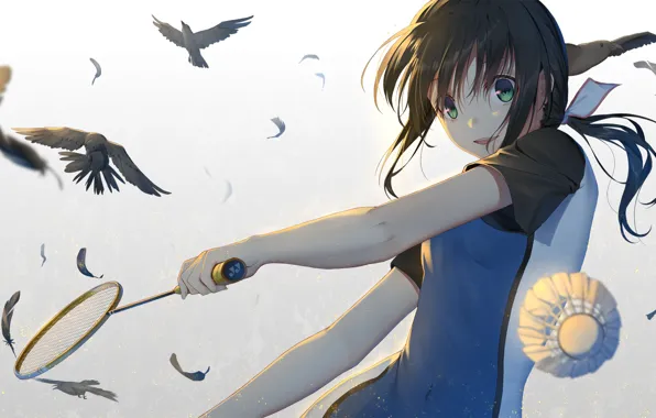 Girl, Birds, Art, Racket, Badminton, hanebado!