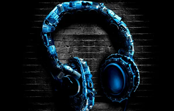 Picture blue, background, wall, headphones, headphones, stereo