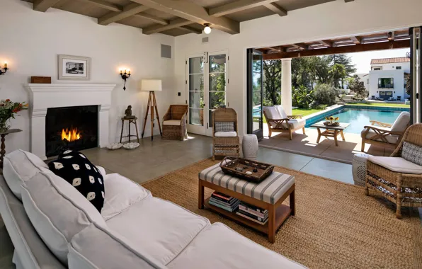 Wallpaper design, style, interior, pool, fireplace, terrace, living ...