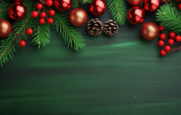 Balls, branches, Christmas, red, New year, needles, bumps, green background
